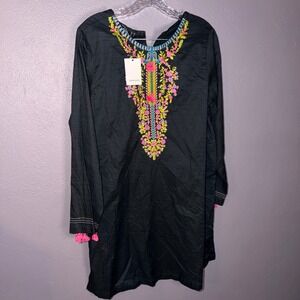 Sapphire Daily Black Embroidered Boho Tunic Top Tassels Long Sleeve Women Sz L